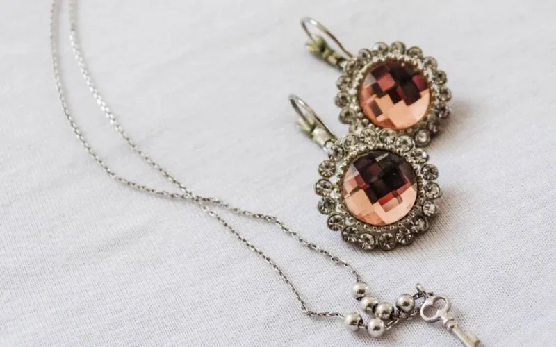A close-up view of elegant jewelry featuring sparkling earrings and a delicate necklace, perfect for luxury fashion.