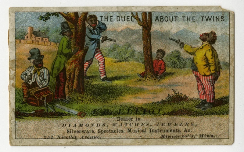 Depicts two African American men with guns in a duel while others look on. Caption: 'The Duel About the Twins' Originally scanned for the Minnesota Digital Library with funding from the Minnesota Arts and Cultural Heritage Fund, a component of the Minnesota Clean Water, Land and Legacy constitutional amendment, ratified by Minnesota voters in 2008. African American History