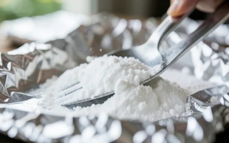 a close-up of silver jewelry or cutlery being cleaned with baking soda and foil