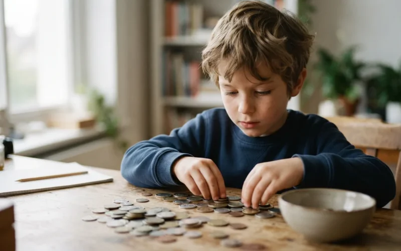 a child counting coins at a desk