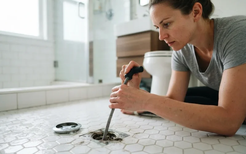 a person cleaning a bathroom drain with a tool