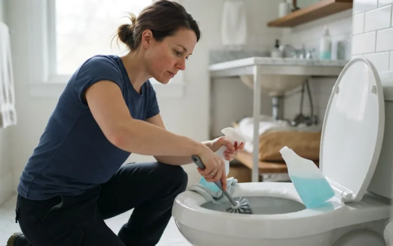 a person cleaning a toilet with a brush and spray bottle