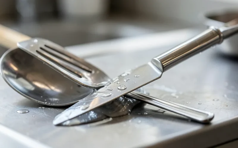 stainless steel cutlery being cleaned or shining