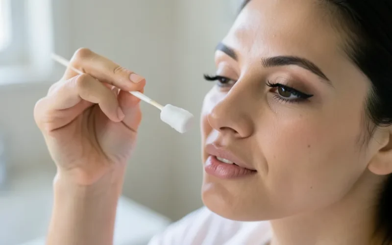 a person cleaning false eyelashes with a cotton swab and solution