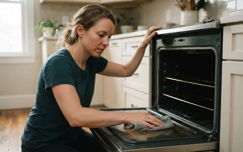 a person wiping the inside of an oven door