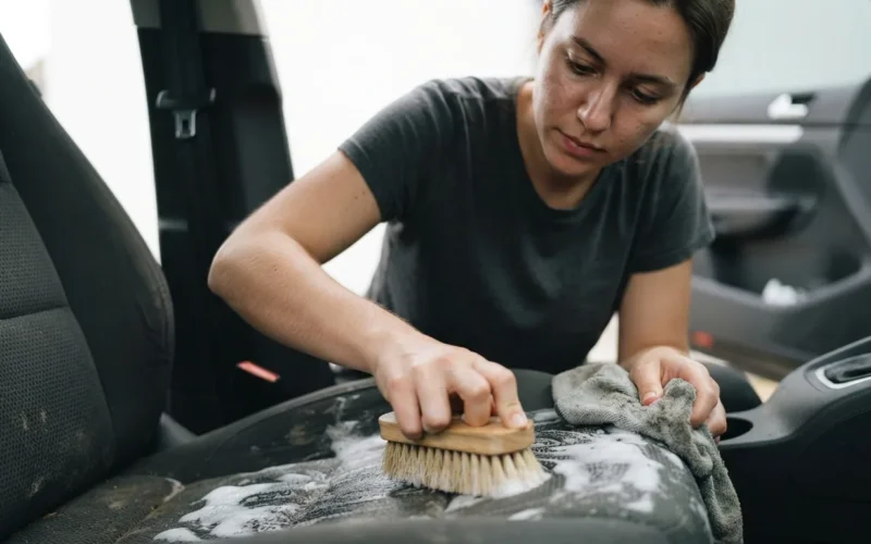 a person cleaning a car seat with a brush and foam