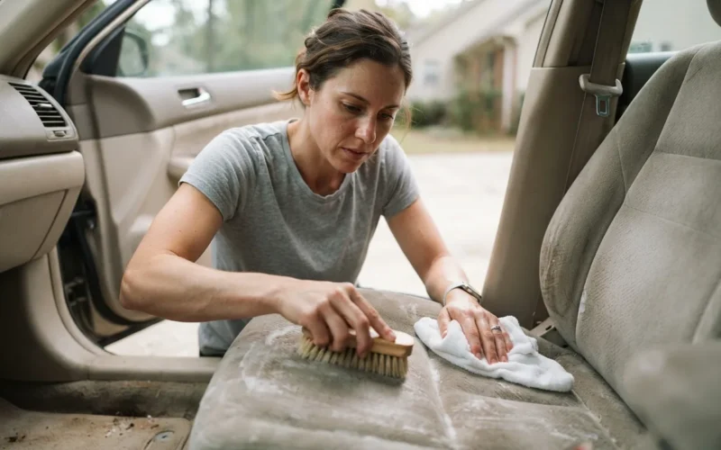 a person cleaning a car seat with a brush and cloth