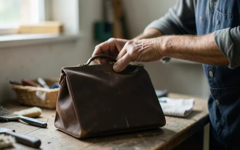 a person cleaning a second-hand or vintage handbag