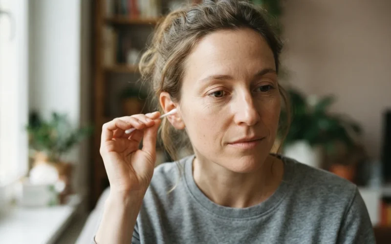 a woman gently cleaning her ear