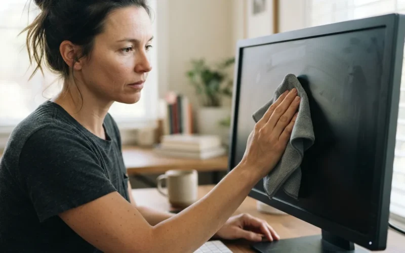 a person cleaning a computer monitor with a microfiber cloth