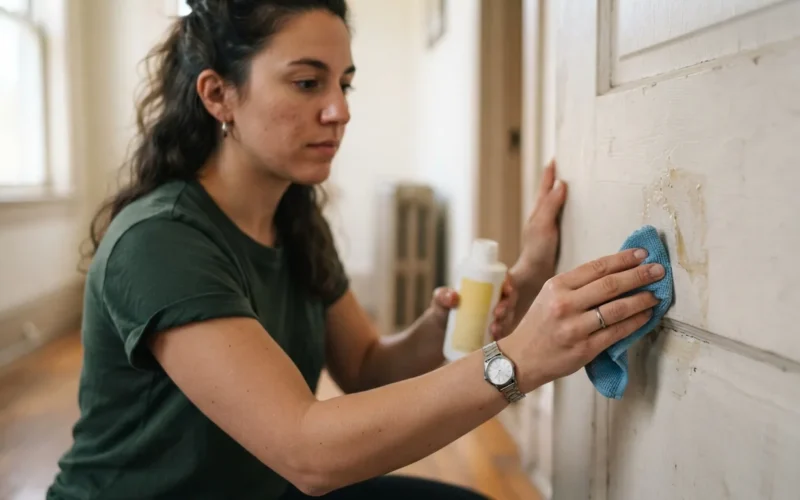 a person removing sticky residue from a door surface
