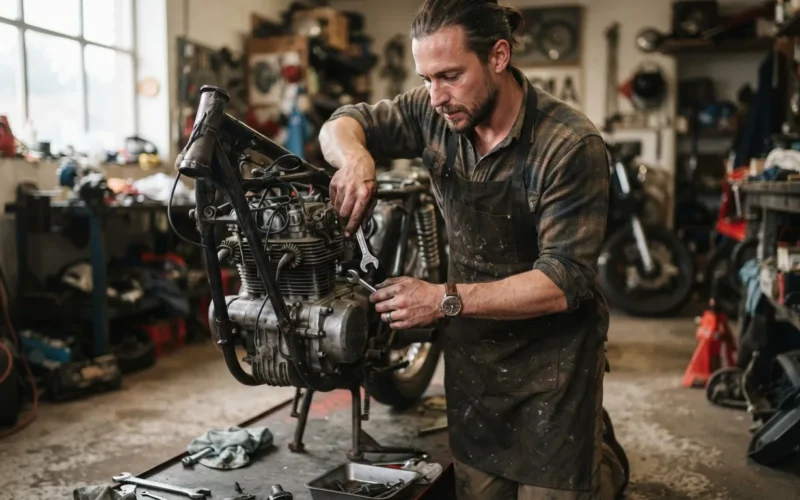 a person working on a motorcycle in a garage