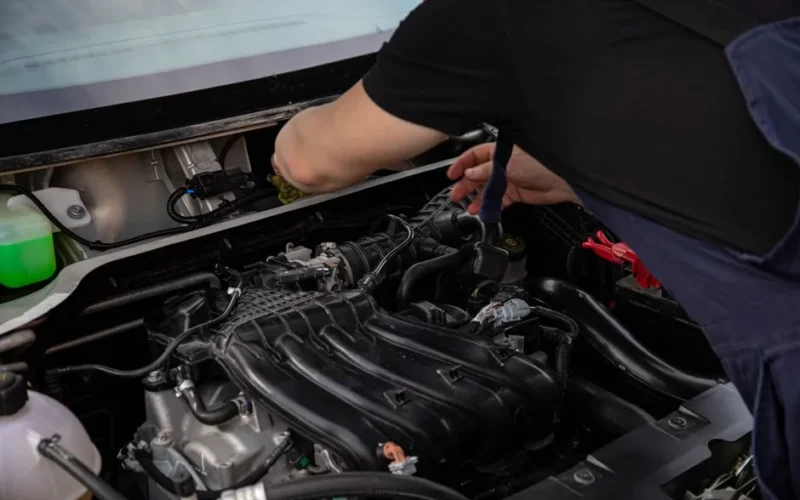 Close-up of a mechanic working on car engine. Ideal for automotive maintenance and repair themes.