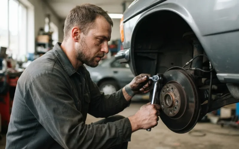 a mechanic working on a car's brake system
