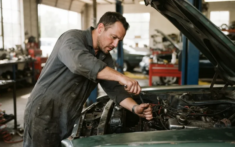 a mechanic repairing a car in a garage