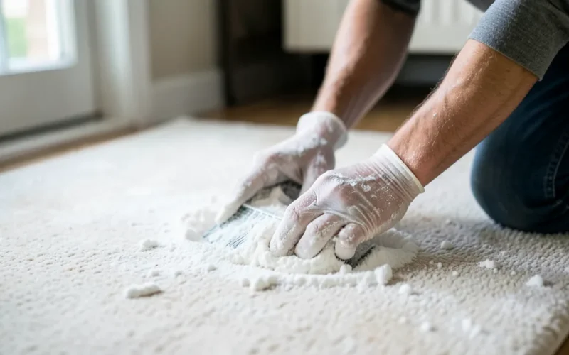 a person cleaning a carpet with baking soda