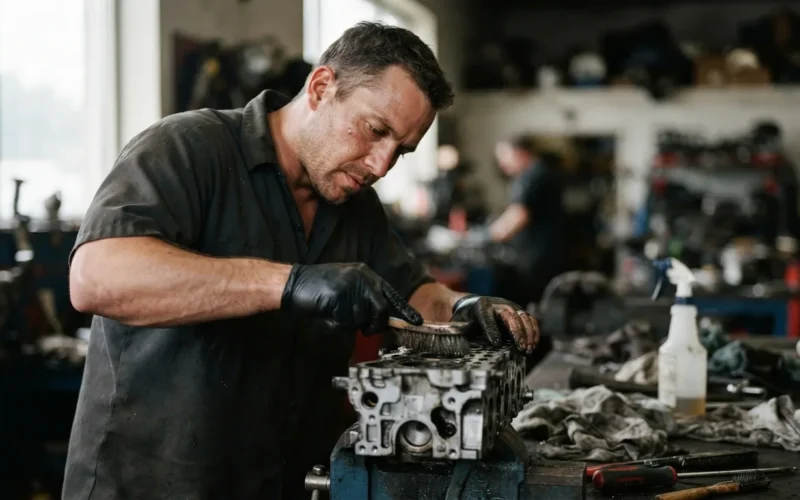 a mechanic cleaning a car engine part