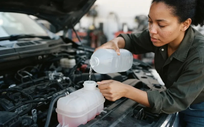 a person pouring water into a car's coolant reservoir