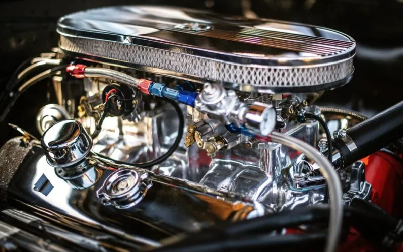 Detailed view of a shiny chrome car engine highlighting automotive technology.