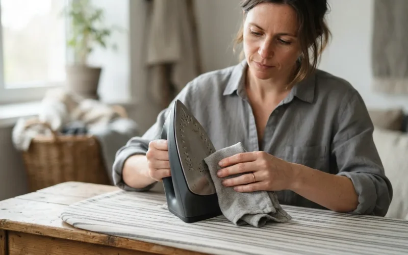 a person cleaning the soleplate of an iron with a cloth