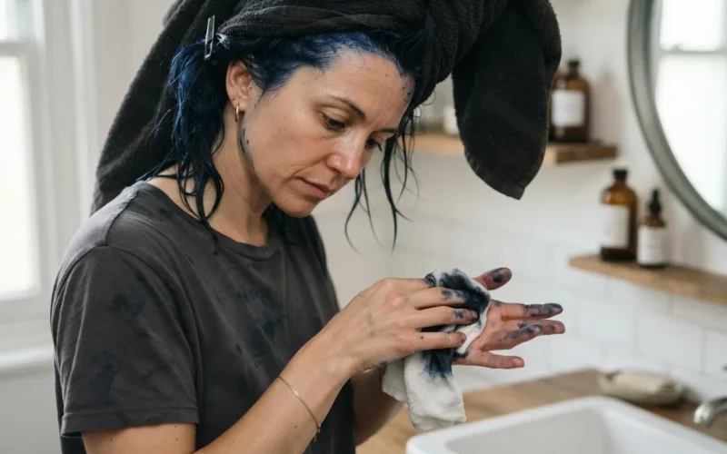 a woman cleaning hair dye from her forehead or hands