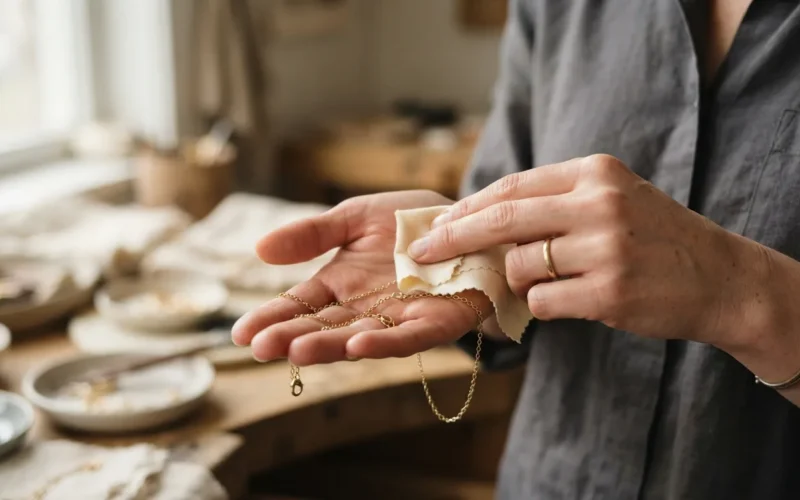 a person gently polishing a gold necklace with a soft cloth