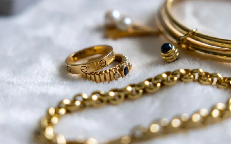 Collection of gold rings, bracelets, and chains with gemstones on a textured surface.