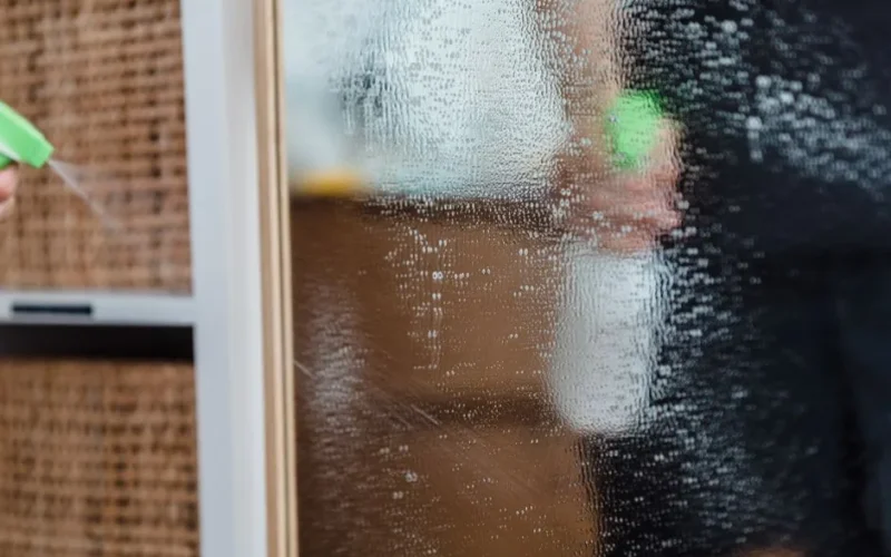 Detailed view of a mirror being cleaned using a water sprayer, indoors.