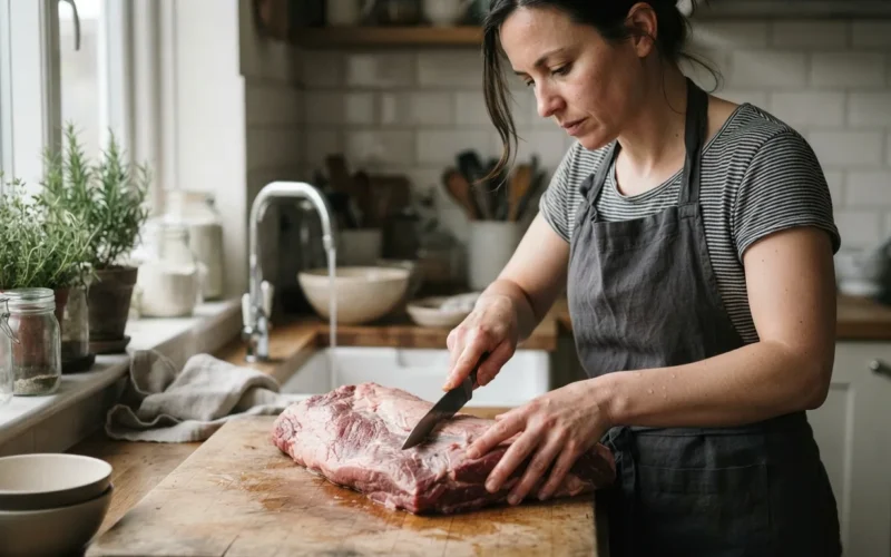 a person cleaning a large piece of raw meat in a kitchen