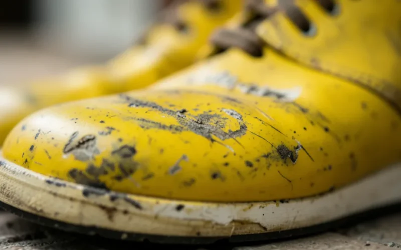 a close-up of yellowed rubber on a shoe being cleaned