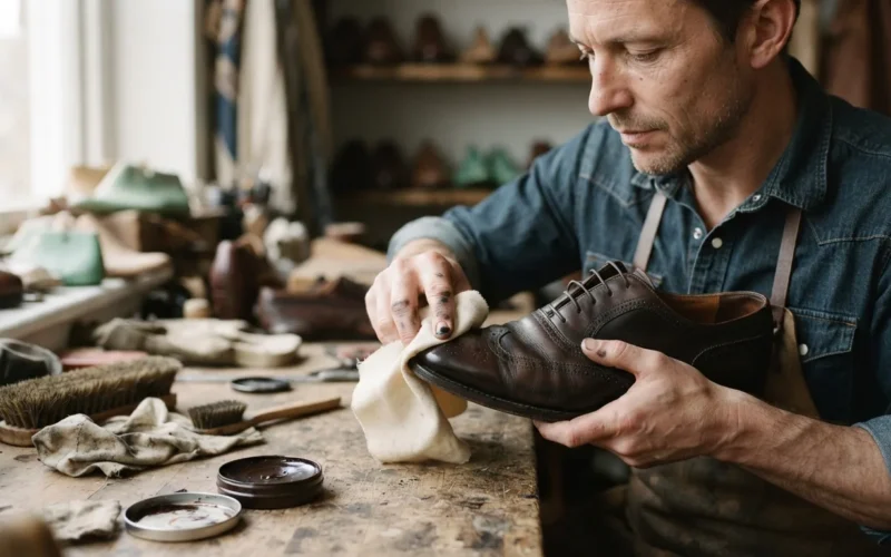 a person cleaning leather shoes with a cloth and shoe polish