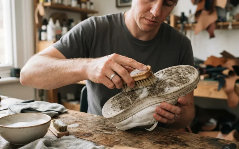 a person cleaning the sole of a white sneaker