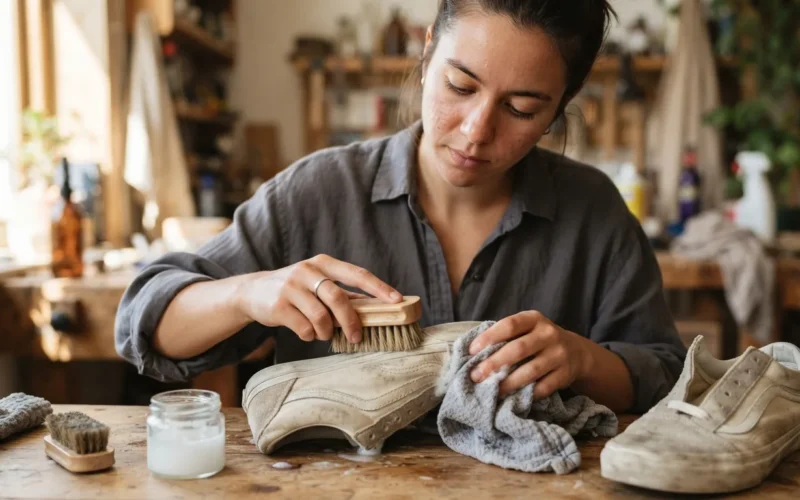 a person cleaning a pair of casual shoes with a brush and cloth