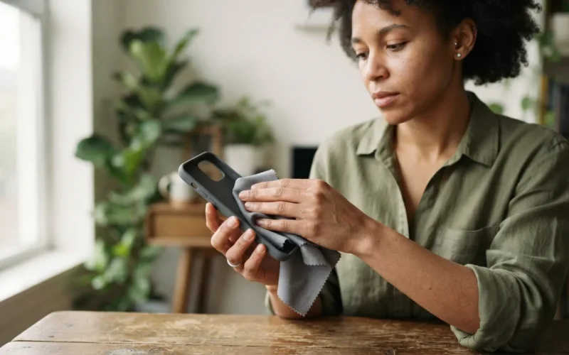 a person cleaning a smartphone case with a cloth