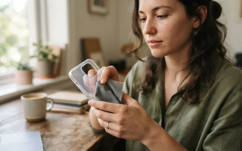 a person cleaning a phone case with a cloth