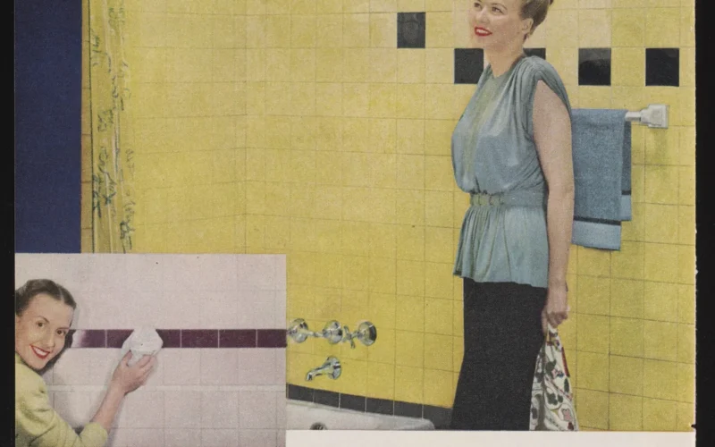 Color print advertisement for wall tile made from Styron, the trade name for Styrenic plastics historically manufactured and sold by the Dow Chemical Company for a variety of consumer applications. The advertisement features a photograph of a woman in a yellow-tiled bathroom, as well as a smaller inset photograph of a woman cleaning a tiled wall. The accompanying text describes the qualities of Styron wall tile and other Styron products. Notably, the advertisement was produced in 1947, the 50th anniversary of the Dow Chemical Company.