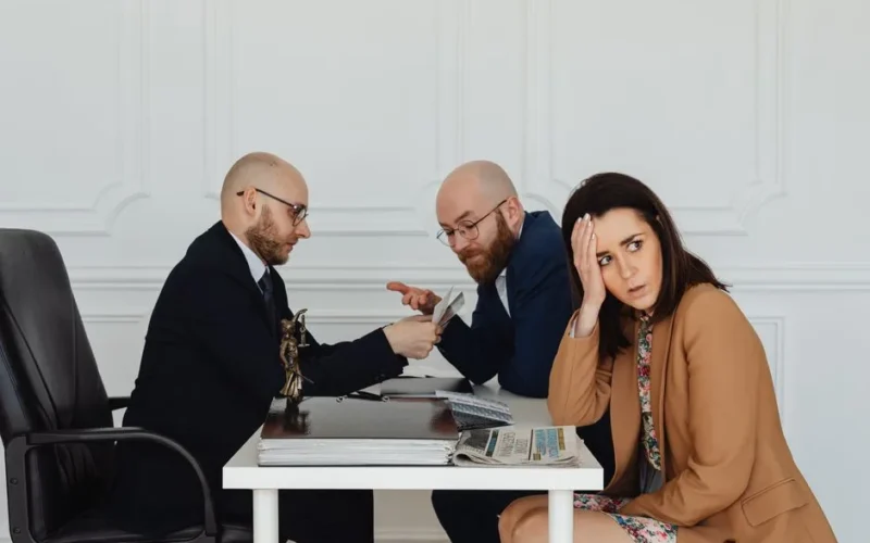 Two lawyers discuss documents with a worried client in a professional office setting.