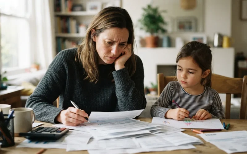 a worried parent looking at financial documents with a child nearby