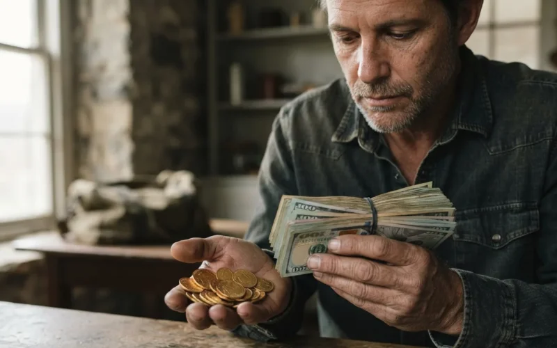 a person holding a stack of cash and gold coins