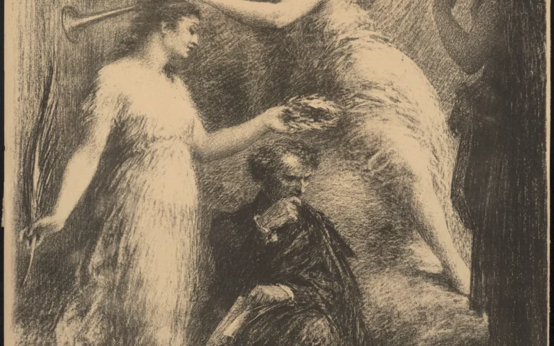 Title from catalogue raisonné.; Hédiard: H. 132; Additional information accompanying item: Margins rectified. Below to the left, "A.H. Berlioz, H. Fantin." First state - plain margins. 7 or 8 trial proofs.; Date from catalogue raisonné.; H. Fantin; Gift; Albert H. Wiggin; 1949; Hédiard, Germain. "Fantin-Latour : catalogue de l'oeuvre lithographique du maître, précédé d'une étude par Germain Hédiard et d'une notice sur Germain Hédiard par Léonce Bénédite." Librairie de l'art ancien et moderne, 1906, Paris.; In the middle of the image is the composer who sits and meditates and is draped in a great romantic cloak. His right hand is on his chin and his left hand is holding a sheet of paper. Three female figures are arranged around him. The one on the left, seen in profile, holds a palm in her right hand. In her other hand she holds a laurel wreath and is ready to crown him. The middle female figure is flying and blows a trumpet. The female figure on the right is seen from the profile and lost in the shadow. She holds a lyre.