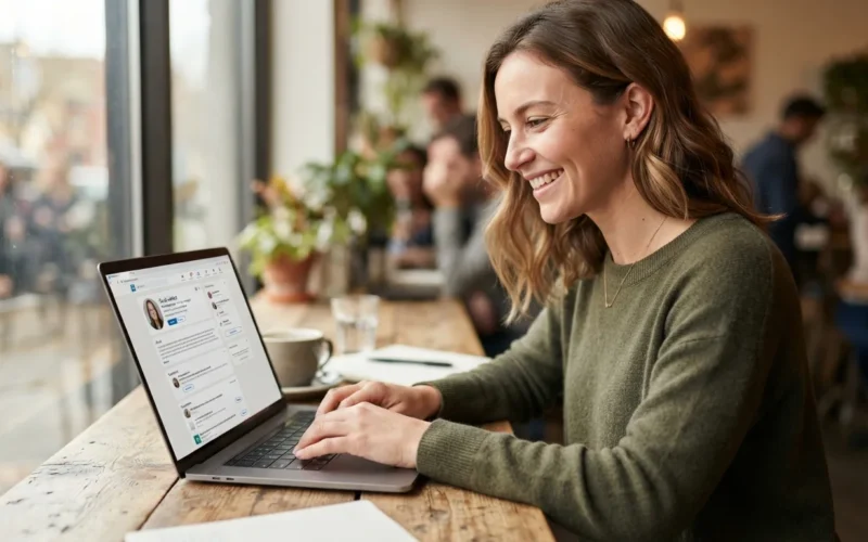 a person smiling while typing on a laptop with a LinkedIn profile visible on screen