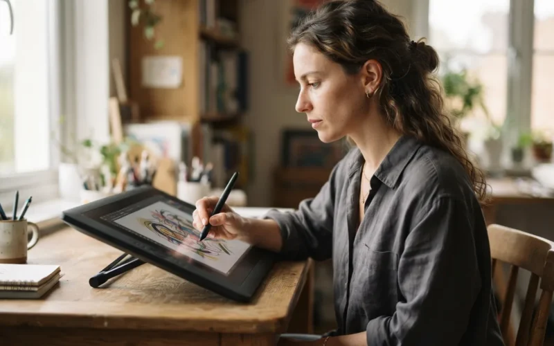 a person drawing on a graphics tablet