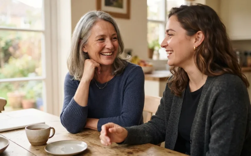 a parent and adult child having a warm conversation