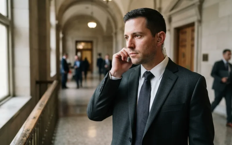 a person in a suit with an earpiece in a government building hallway