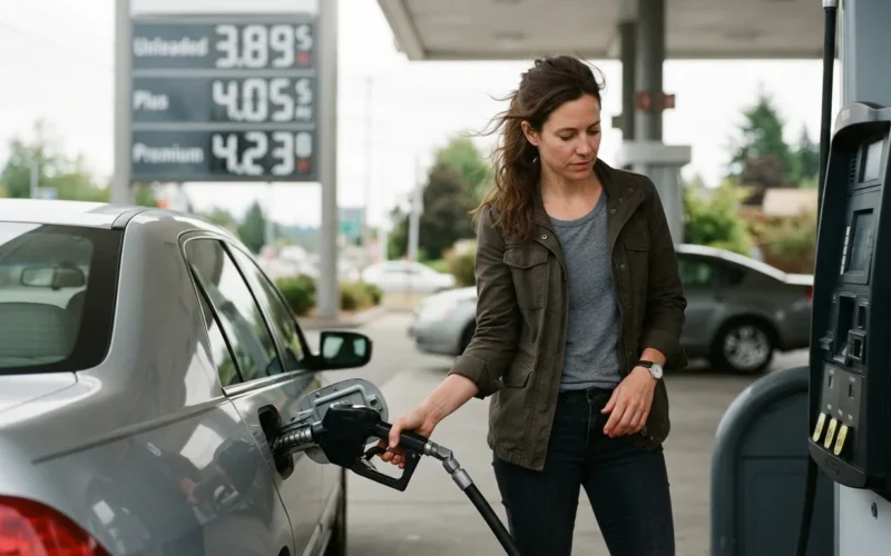 a person filling a car at a gas station with a price sign in the background