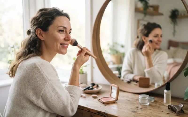 a woman applying makeup with a brush in front of a mirror