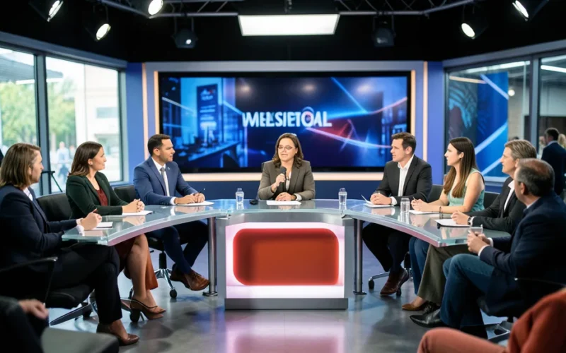 a game show studio or host with contestants