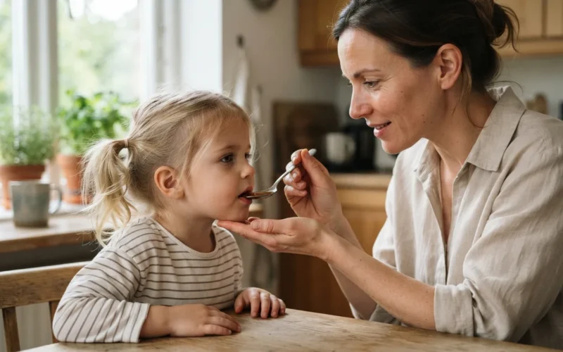 a parent giving a child a spoonful of liquid supplement