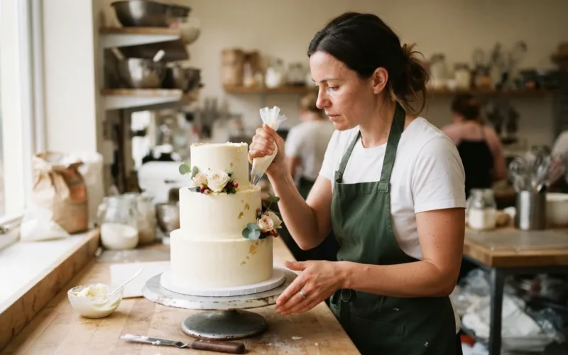 a baker or pastry chef decorating a cake