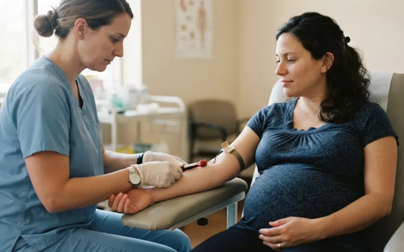 a pregnant woman having blood drawn by a doctor or nurse